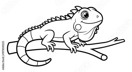 A cartoon lizard sitting on a tree branch in a fun playful pose perfect for kids' coloring books and reptile enthusiasts.