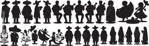 Web Mexican Folklore Silhouette Collection - Cinco de Mayo Traditional Dancers, Mariachi Musicians, and People in Traditional Attire Vector Set
