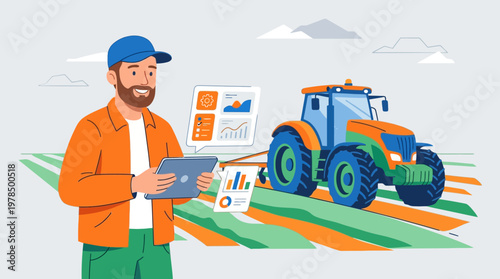 Modern farmer analyzing data with tablet near tractor in agricultural field