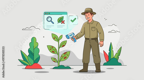 Scientist analyzing plant with technology inspection process isolated on grey background