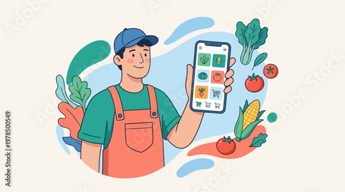 Delivery worker using mobile app to order fresh groceries for online shopping