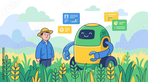 Farmer and robot in a field agricultural technology and modern farming concept