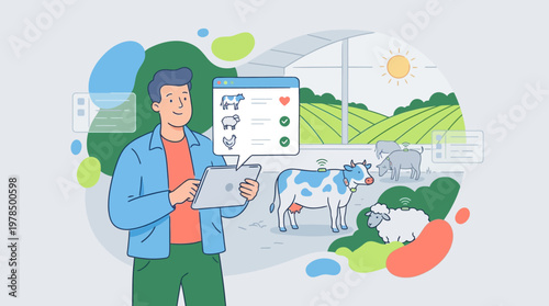 Modern farm management illustration man using tablet to monitor livestock health