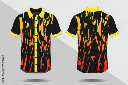 Stylish black and yellow shortsleeved polo shirt with abstract fiery design.