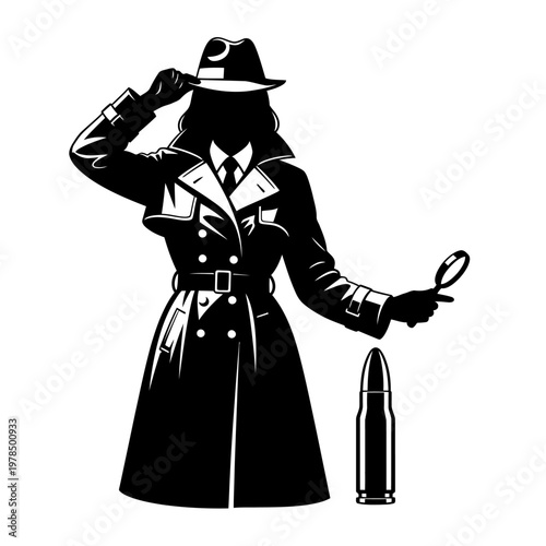 Silhouette of a detective woman in a trench coat holding a magnifying glass.