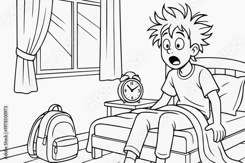 Teenager overslept for school, children's coloring book