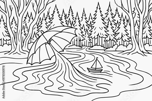 In a fairy-tale forest, a river flows from an open umbrella - a children's coloring book