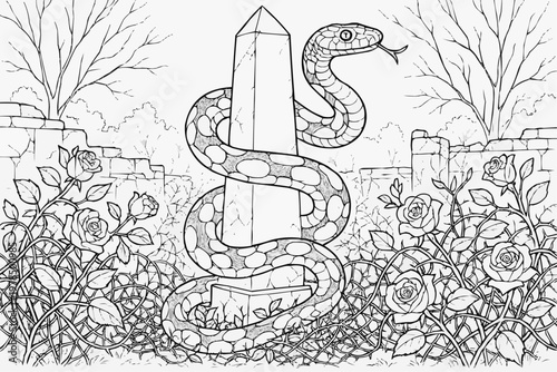 Marble snake coils around a tall stone obelisk in a neglected garden - coloring page