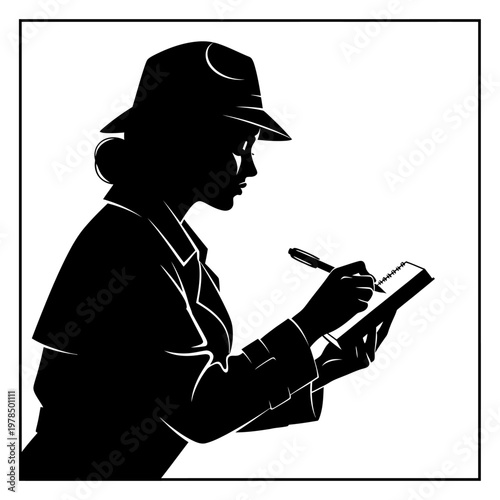 Silhouette of a Detective Woman Taking Notes in a Notebook.