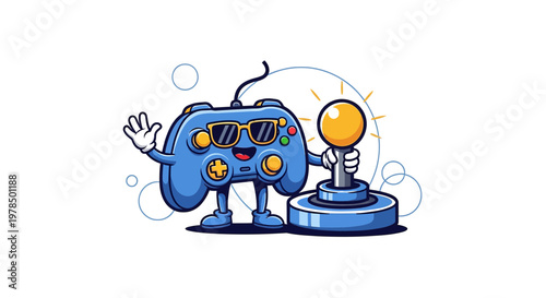 Cartoon game controller character wearing sunglasses, holding joystick with happy expression