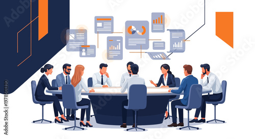 Business executives collaborating during a board meeting to analyze corporate performance metrics