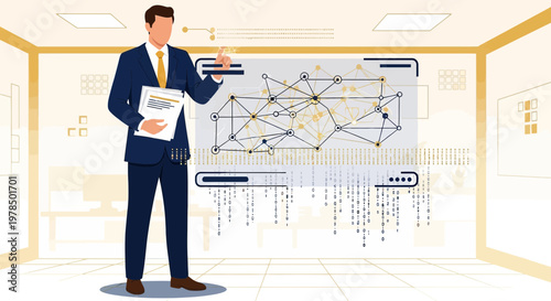 Businessman presenting complex network data and digital insights in futuristic office environment