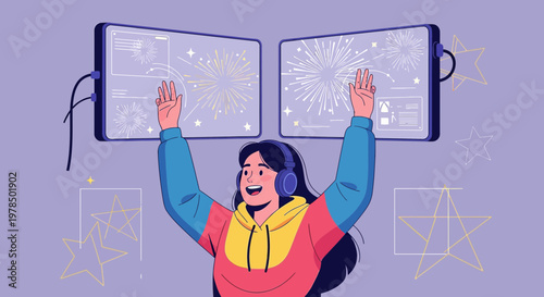 Captivating virtual event experience with a woman interacting with digital displays and enjoying