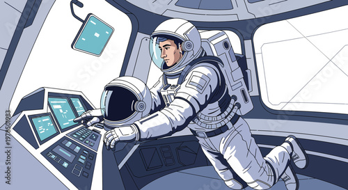 Cartoon astronaut navigating spacecraft controls during exploration into deep space adventure