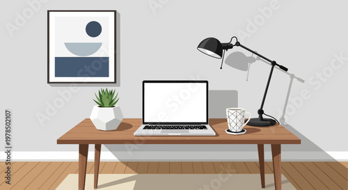 Minimalist home office workspace with laptop and desk lamp on wooden table.