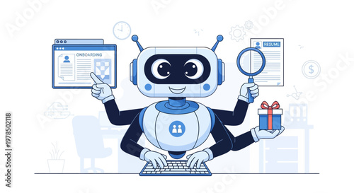 Friendly robot multitasking with technology and data visualization.