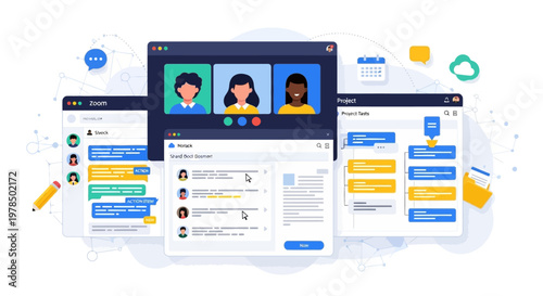 Illustration of a digital communication platform with video calls and messaging features.