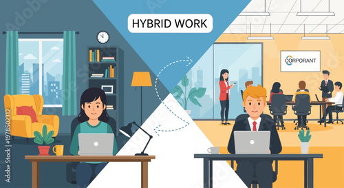 Illustration of hybrid work environment with employees working from home and office.