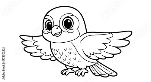 Charming Cartoon Bird in Flight Outlined with Expressive Eyes  Upward Gaze Promising Adventure  Happiness Suitable for Coloring  Artistic Projects Delightful Depiction