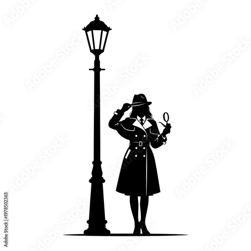 Silhouette of a Female Detective in Trench Coat with Magnifying Glass.