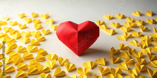 A single, large red origami heart stands out amongst numerous smaller, yellow paper hearts, creating a vibrant contrast and symbolic representation of individuality and love.