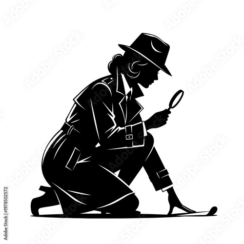 Silhouette of a Female Detective Inspecting Clues with Magnifying Glass.
