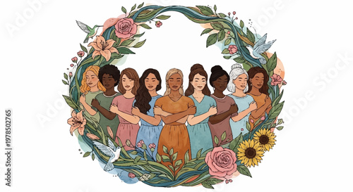 Diverse Women United in Floral Wreath - Celebrating Unity and Empowerment.