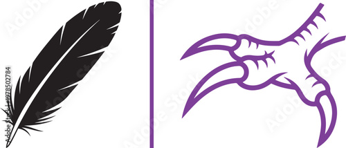 Black feather silhouette and purple bird claw talon vector illustration icons for sports mascot or nature logo design