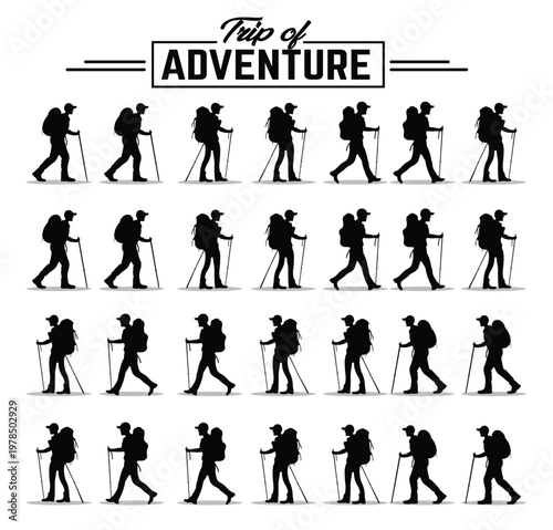 Trip of adventure collection of 28 hiking dynamic black silhouette vector set depicting men with backpacks and trekking poles. Diverse walking poses, group formations, and solo adventures.