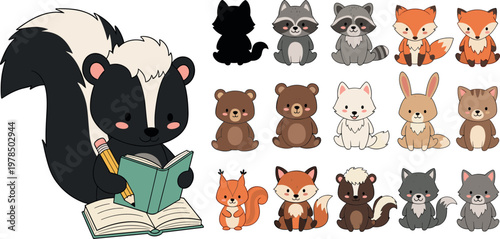 Cute forest animals reading book collection with skunk fox bear rabbit and raccoon, cartoon woodland vector illustration set