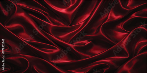 A luxurious red silk and satin fabric textile background with smooth flowing waves of shiny material and elegant drapery curves creates a soft velvet texture for a valentine decoration backdrop
