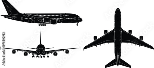 Airplane silhouettes top side and bottom views of a large passenger jet