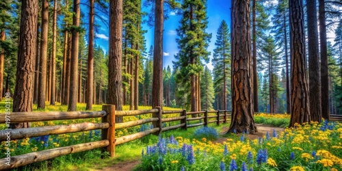 Serene Woodland Path A Rustic Fence Lines a Blooming Meadow Amidst Tall Coniferous Trees Under a Vivid Blue Sky