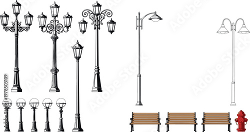 Collection of Street Furniture and Lighting Designs, Including Lamp Posts, Benches, and Fire Hydrant, Vector Art for Urban and Cityscape Illustrations