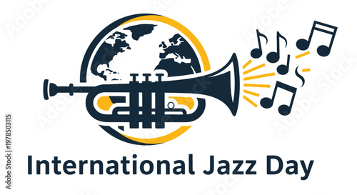 International jazz day logo featuring a trumpet and world globe illustration