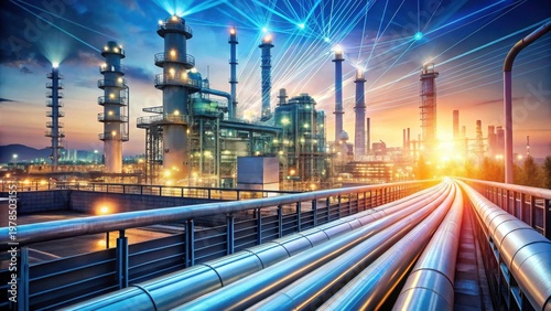 Illuminated Industrial Complex at Twilight A Network of Pipelines and Towers Glowing Under a Starry Sky