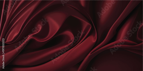 Elegant red silk and satin fabric texture with smooth flowing waves of shiny luxury material creating a soft rippled drapery backdrop for Valentine decoration