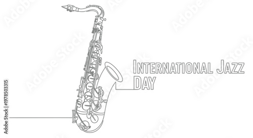 Line drawing of a saxophone with text celebrating international jazz day