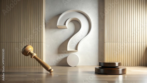Conceptual image depicting a question mark, gavel, and display stand, symbolizing legal inquiry and product presentation in a minimalist setting.