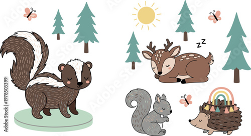 Cute forest animals collection with skunk deer squirrel and hedgehog, woodland cartoon characters vector illustration set isolated