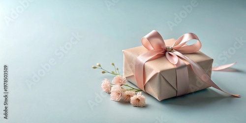 A delicately wrapped gift, adorned with a blush-toned ribbon and accompanied by a petite bouquet of soft pink flowers, rests on a serene light blue background.