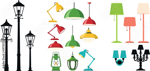 Collection of Various Lamp Designs, Including Street Lights, Desk Lamps, Lanterns, and Decorative Lighting, Vector Art for Interior and Urban Designs