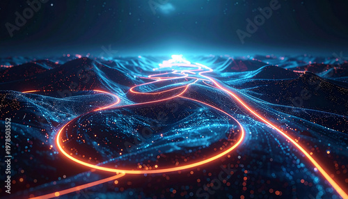 Digital Network Flow Visualization: A captivating depiction of data streams navigating a vast, textured landscape, showcasing the complex pathways of digital information. 