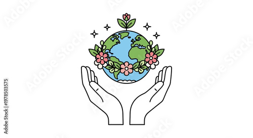 Against a clean white backdrop, an illustration shows hands gently cradling a globe adorned with blooming flowers and leaves, symbolizing environmental care and sustainability with a flat