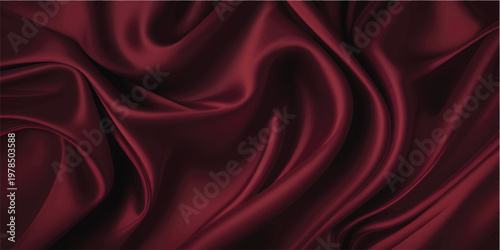 Red silk and satin fabric background featuring smooth flowing waves of luxury textile material with a soft red texture and shiny elegance curve design for a professional backdrop