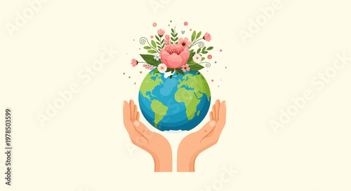 Illustrated in vector format, hands gently holding a globe adorned with delicate pink flowers and lush green foliage, symbolizing a commitment to environmentalism and featuring a soft
