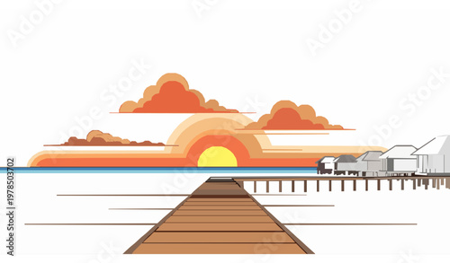 Minimal Tropical Sunset Beach with Pier and Villas Flat Vector Travel Illustration