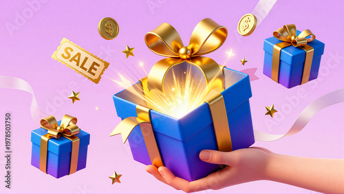 Festive Gift Box with Sparkling Rays and Coins