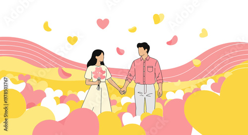 Romantic Couple Holding Hands Amidst Hearts Illustration