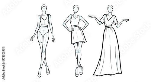 Set of 3 Female Fashion Design Croquis Outlines Vector
